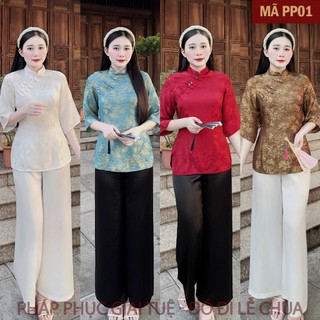 (PP01) Pháp Phục Lễ Chùa Cho Nữ - Áo Lụa Tằm & Quần Lụa Vân - Họa Tiết Hoa Cúc Vạn Thọ - Top Xiêm Y Đi Lễ Cho Các Nàng.