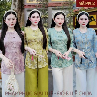 Mã PP02_Pháp Phục Đi Lễ Chùa Cho Nữ, Chất Liệu Áo Lụa Tằm Mềm Mịn, Quần Lụa Vân