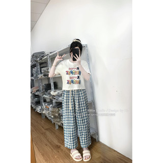 Set áo thun in chữ ngực kèm quần suông kẻ xanh min • melanie boutique