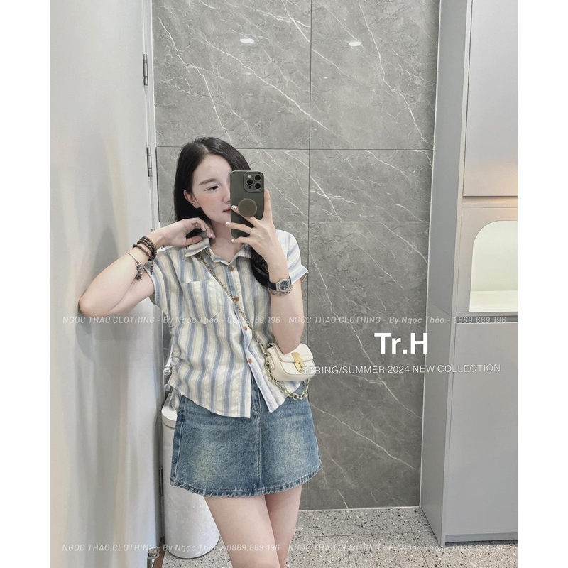 Sơ mi thô kẻ rúm eo