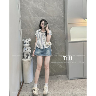 Sơ mi thô kẻ rúm eo