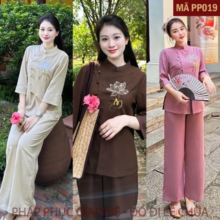 Mã PP019_Pháp phục Đi Lễ, Đi Chùa - Bộ Đũi Tằm Tơ Xước Cao Cấp Thêu Bông Sen Chữ An