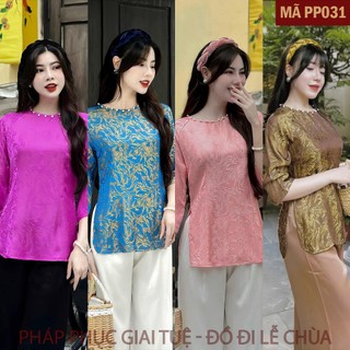 Mã PP031_Pháp Phục Thanh Lịch Đi Chùa Cho Nữ, Mã Cổ Khuy Ngọc, Chất Liệu Áo Lụa Tằm Mềm Mại, Quần Lụa Vân Dày Dặn.