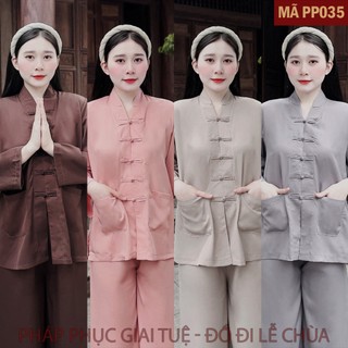 Mã PP035_Pháp Phục Thanh Lịch Đi Chùa Cho Nữ, Mã Thiền Trơn, Chất liệu Lụa Trượt, Họa Tiết Khuy Áo Tàu.