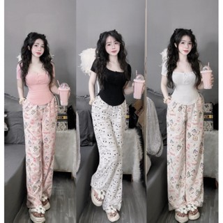 Set áo cúc bấm ngực mix quần họa tiết hoạt hình ống suông, set đồ nữ cute cá tính thời trang