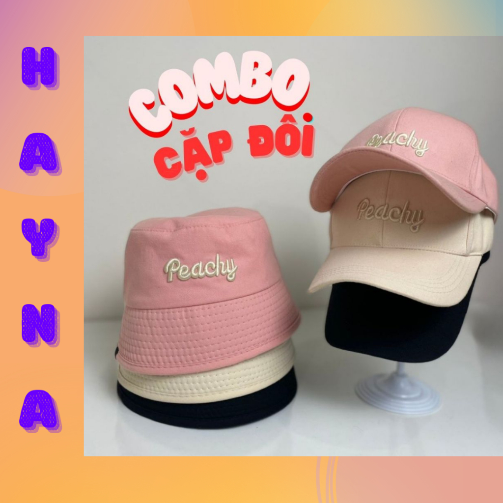 (Mũ cặp) Mũ đôi thêu chữ PEACHY, nón bucket mũ kết đôi nam nữ PEACHY đứng form mũ tai bèo M393