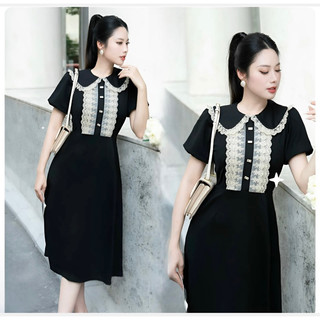 (HÀNG QUẢNG CHÂU SIÊU CẤP)  VÁY ĐẦM DÁNG XÒE CHỮ A - HỌA TIẾT CỔ PHỐI REN THUN TRẮNG DUYÊN DÁNG ( CC240424485 )