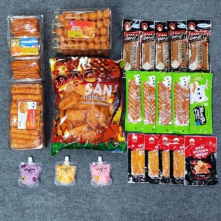  Combo đồ ăn vặt 4 món bánh bò kèm 5 snack nem nướng phên 5 snack tăm cay đen 5 snack mèo yêu cá 3 sữa chua uống 