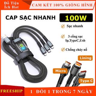  Cáp Sạc Nhanh 3 Đầu 100W Cho Điện Thoại  Dây Sạc Tự Ngắt Bọc Dù 100W Tích Hợp 3 Cổng Micro Usb Type C 3 In 1 Dài 1.2m 