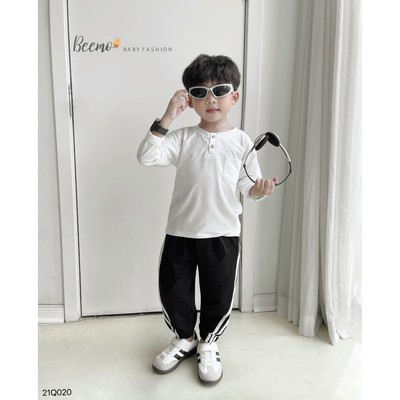 Quần dài dáng thể thao Beemo cho bé trai kẻ sọc 3 vạch bo gấu vải cotton mềm mại, giữ ấm tốt 21Q020
