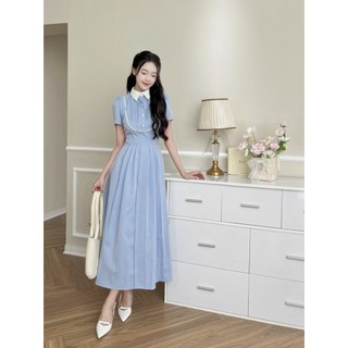  Váy Đầm Nữ Xanh Dáng Dài ELYSNIE Phối Ren Cổ Trắng Công Sở Dáng Xếp Li Bleu Dress  Tặng Kèm Đai Thắt Eo  