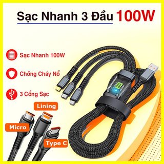  Cáp Sạc Nhanh Siêu Tốc 100W 3 Trong 1 6A Dây Sạc Tự Ngắt Micro Usb Type C Sạc Nhanh Type-C Cáp Dữ Liệu Cho Điện Thoại 