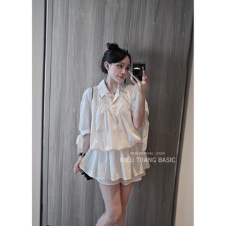 Set sơ mi trắng cổ bẻ nơ tay kèm quần đùi