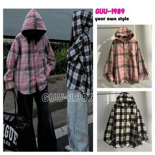 Áo sơ mi khoác ngoài, kẻ caro, dài tay, có mũ, form dáng rộng, áo chống nắng chất liệu vải thoáng mát - GUU1989 ASM42