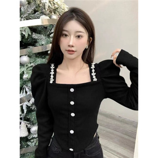 Áo kiểu nhung tay dài cổ vuông đính đá bling bling tay bồng phong cách sang chảnh Retro
