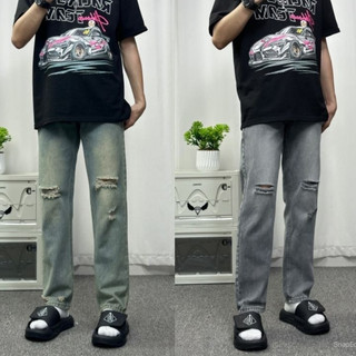 quần baggy jean nam dài xanh rách gối đẹp,chất cotton không giản vải mềm đứng form ống rộng