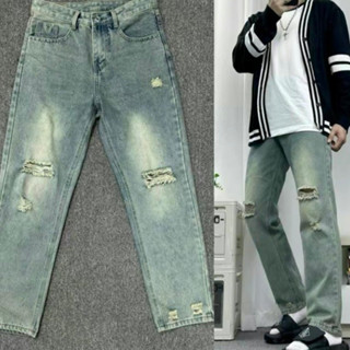 Quần baggy jean nam dài xanh rách gối đẹp,chất cotton không giản vải mềm đứng form ống rộng