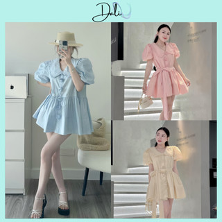 Đầm Babydoll Đính Cúc Hoa Tay Bồng Cổ Bèo Tặng Kèm Dây Đai Eo Dáng Baby Dễ Thương