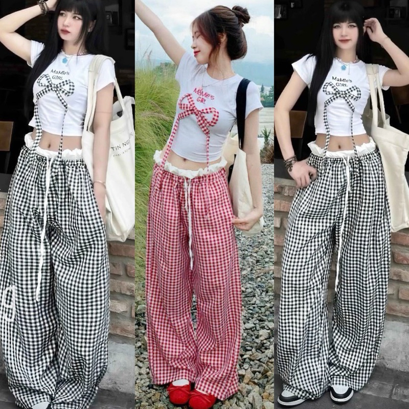 SET Bộ Áo Thun Croptop Tay Ngắn Thêu Chữ MaMie Girl Đính Nơ Caro + Quần Ống CARO XUÔNG Rộng