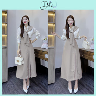 Set 3 Món Sang Trọng Tiểu Thư Gồm Áo Sơ Mi Dài Tay + Chân Váy Xẻ Trước Dáng Dài + Khăn Choàng