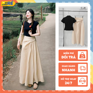 Set Áo Zip Đen cổ trụ Mix Chân Váy đũi xoắn eo hai lớp dáng dài siêu xinh C&H Clothing