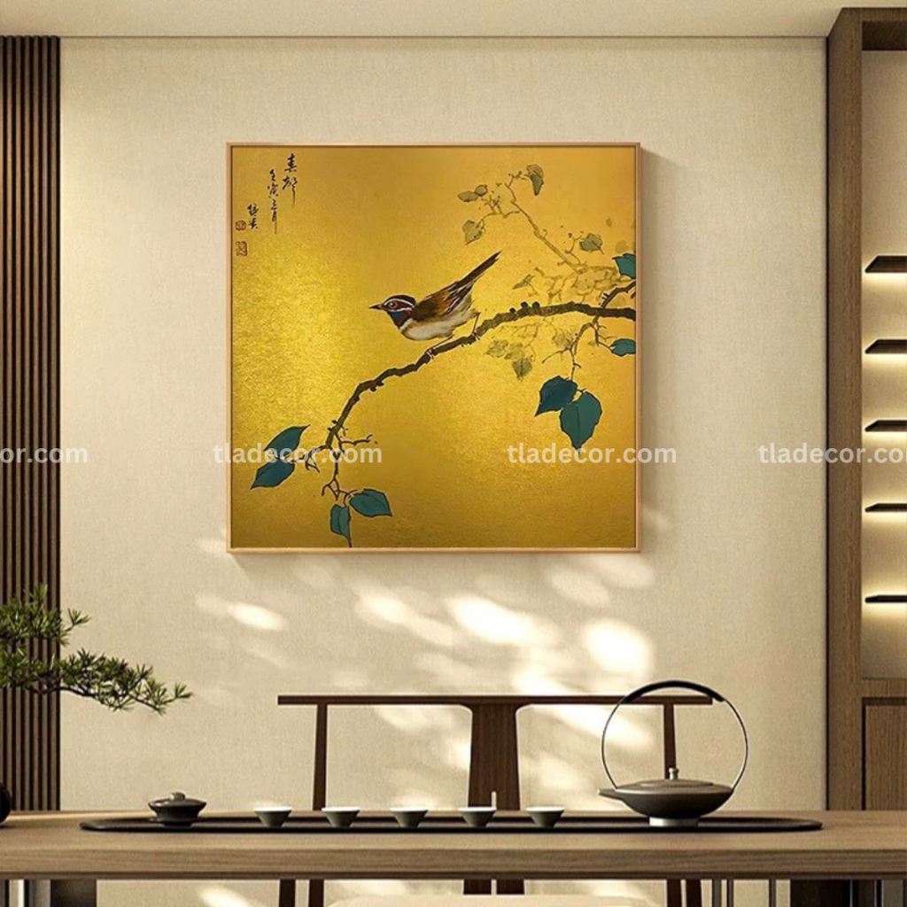 Tranh canvas treo tường phòng khách phong cách indochine, tranh canvas chim indochine nền vàng cổ đi