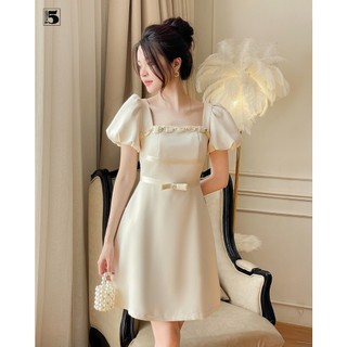 Đầm nữ Twentyfive cổ vuông viền đính đá, tay bồng, eo thắt nơ DA35