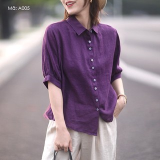 Áo sơ mi linen kamaka ngắn tay cổ đức một màu - a005