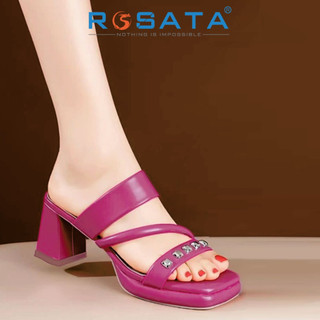 Giày cao gót nữ đế vuông 6p ROSATA RO659 hở mũi vuông phối dây đính đá