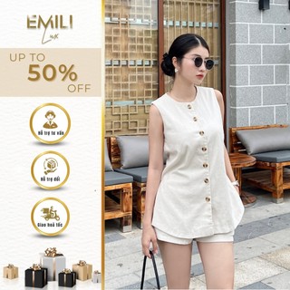 Set áo kiểu không tay chất đũi Emili phối quần short ngắn phong cách Hàn Quốc