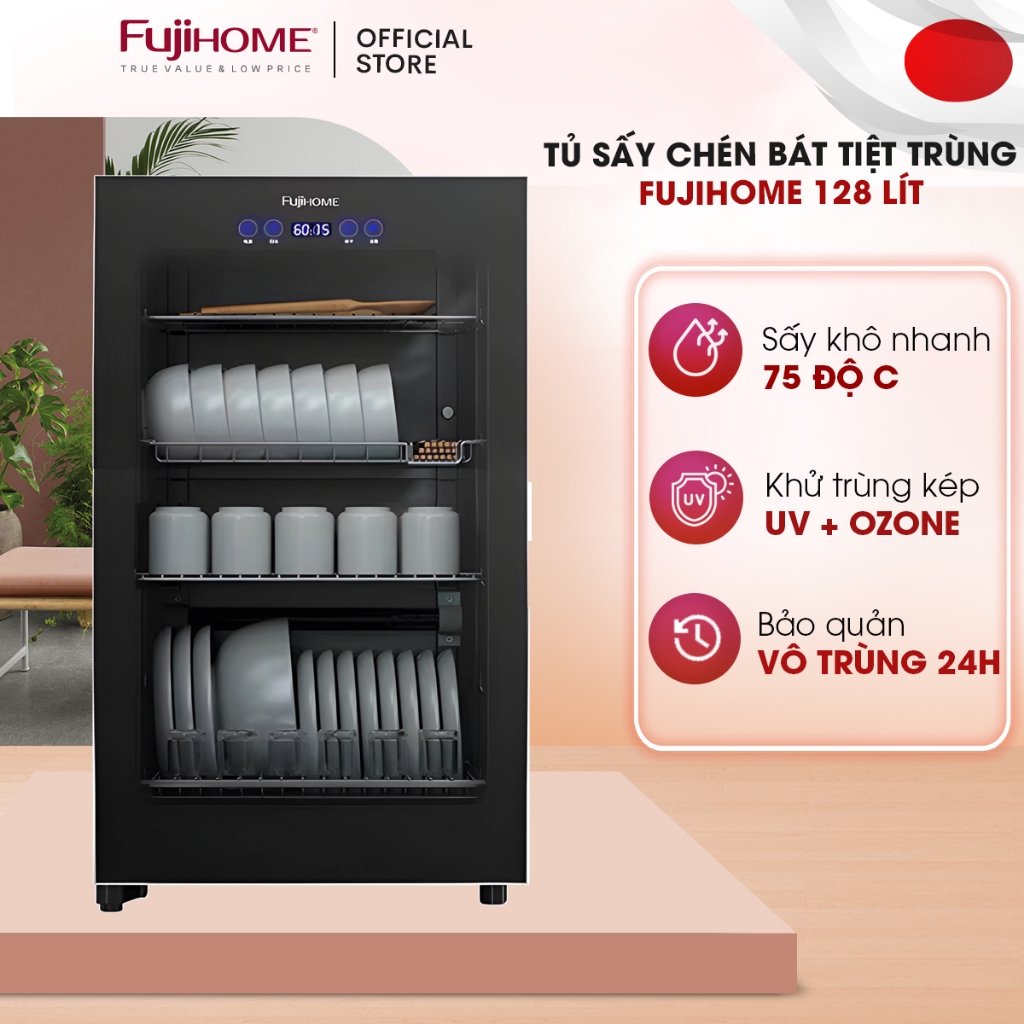 Tủ sấy chén bát khử khuẩn bằng tia UV, ozone FUJIHOME 128L Nhập Khẩu, Máy sấy khử trùng thiết bị y tế đa năng, spa