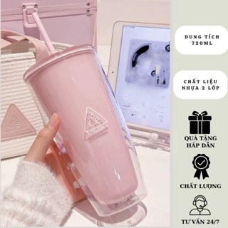 Cốc 3CE Nhựa 2 Lớp, Ly Giữ Nhiệt 720ml Siêu Xinh Tặng Kèm Ống Hút TẠNG KÈM STICKER