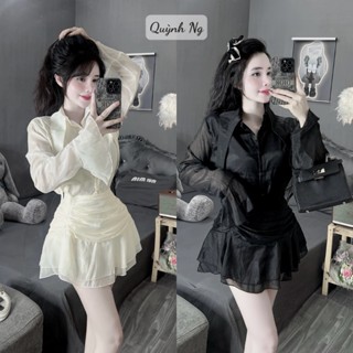 Sét váy thiết kế mẫu hót hiện nay, sét váy áo kiểu sơ mi cổ bẻ vạt nhọn tay dài ống loe phối chân váy ngắn nhún eo