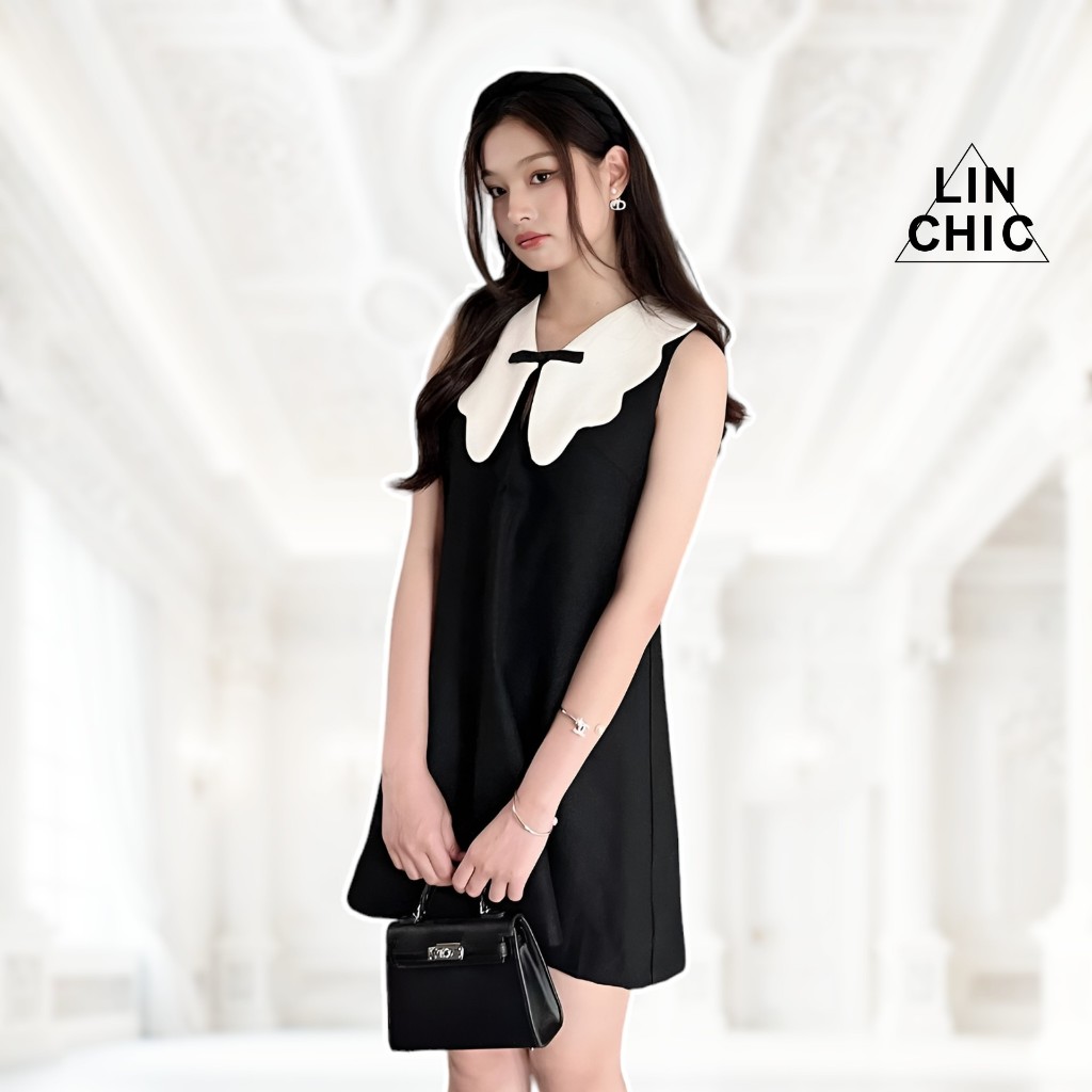 Váy ngắn phối cổ Linly Store Đầm kiểu chất dạ Tweed dáng suông V-VPC1