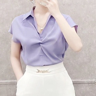 Áo sơ mi HINSTORE áo kiểu công sở nữ lụa xoắn ngực tay hến cổ V 221