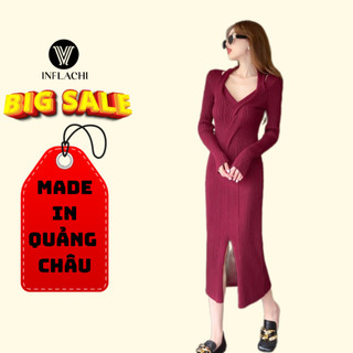 Váy len body đầm dệt kim INFLACHI ôm tay dài kiểu vắt cổ xoắn ngực trễ vai xẻ tà sexy cho nữ hàng đẹp K-7