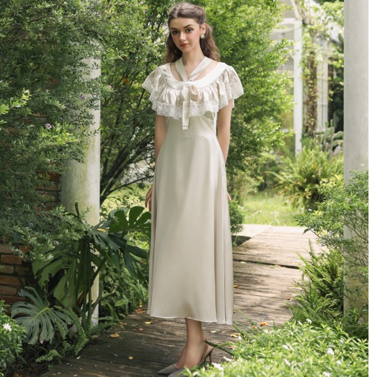 GAIETE Đầm dài maxi lụa vintage - Kelly Silk Dress - Beige