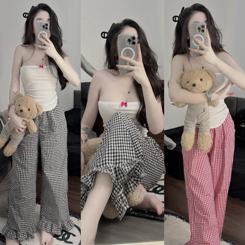 Set Bộ 3 Món Áo Ống Nhún Sườn Đính Nơ Croptop + Khoác Ngắn Croptop + Quần Ống Xuông Lưng Chun Rộng Caro Viền Bèo