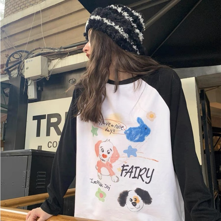 Áo thun nữ tay dài Ragan phối màu form rộng menina_studio, áo thun tay dài nữ  phối màu đen trắng in