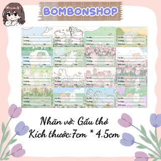 SET 16 nhãn vở học sinh chủ đề gấu thỏ, nhãn dán tập đáng yêu.