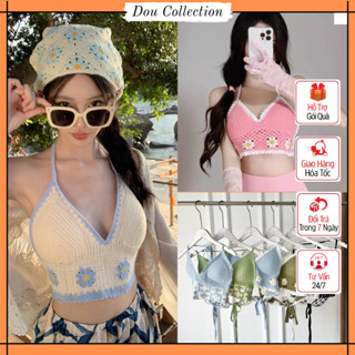Áo bikini len móc, Áo Bra crotop đi biển hoạ tiết hoa có miếng lót ngực phối nhiều màu thời trang mùa hè basic  - Mã AH0