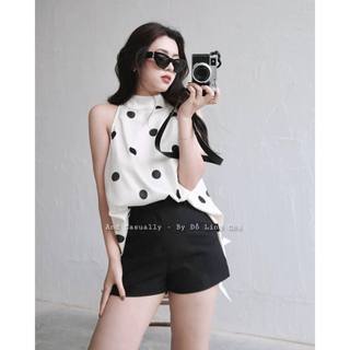 Áo chấm bi dáng yếm buộc cổ