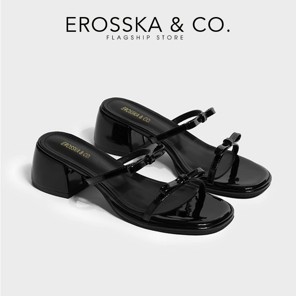 Erosska - Guốc nữ cao gót mũi hở phối nơ phong cách đơn giản năng động màu đen cao 4cm - EM129