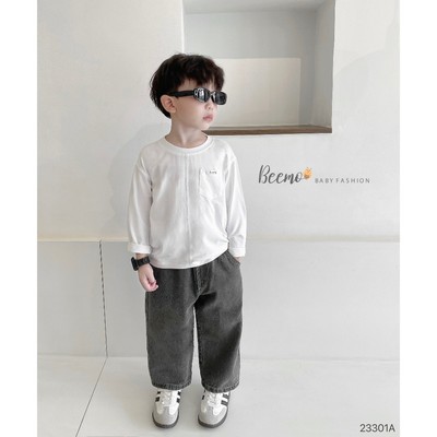 Áo phông Beemo cho bé trai, dài tay phối túi mác basic, nhiều màu, vải cotton mềm mại mặc thu đông 23301A