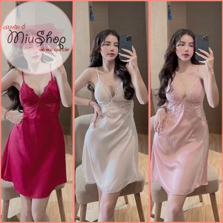 🍀🍀Đầm ngủ lụa satin phối ren có mút ngực bo ren eo sexy kèm quần