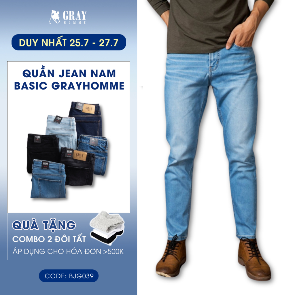 Quần Jean Nam Basic Slimfit Co Giãn GrayHomme không bai xù, bền màu, Phom Ôm, Trẻ Trung, Thanh Lịch