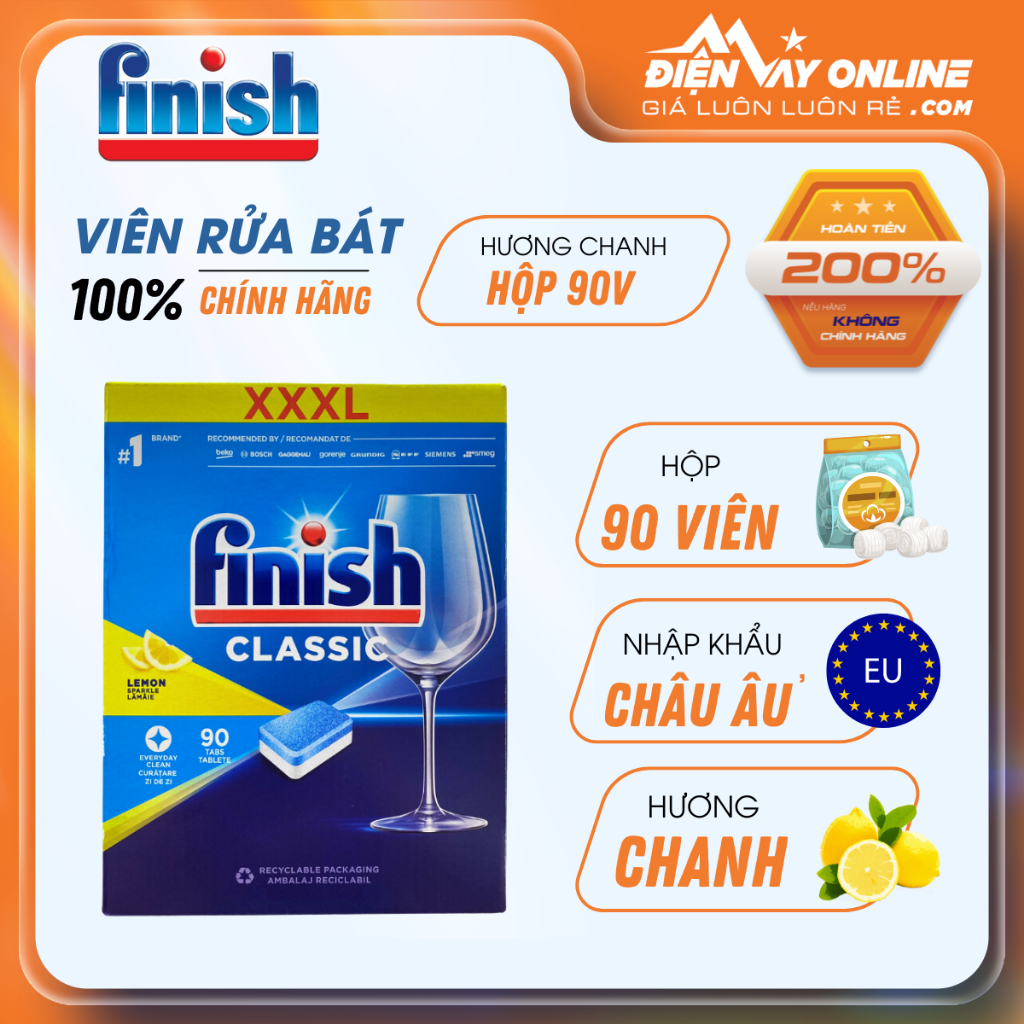 Viên rửa bát Finish Classic Hộp 90V - Hương Chanh - Hàng chính hãng
