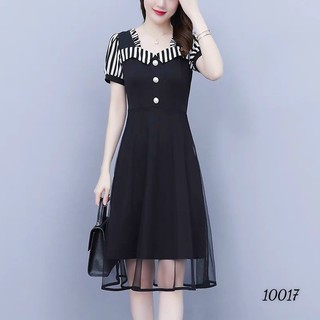 ĐẦM NỮ DÁNG SUÔNG PHỐI LƯỚI KẺ SỌC ĐÍNH NÚT THỜI TRANG NỔI BẬT PHONG CÁCH NỮ TÍNH