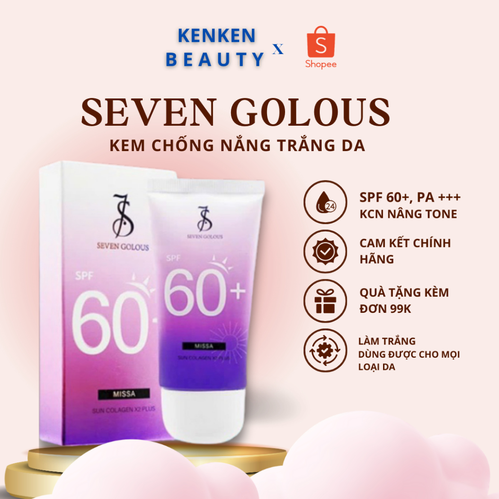  Kem chống nắng trắng da SEVEN GOLOUS SPF 60+ PA+++ tuýp 60g hàng Nội Địa Hàn Quốc cho làn da sáng rạng rỡ 