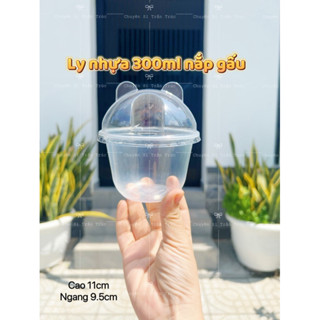 Combo 50 ly nhựa 300ml nắp gấu phi 95, hộp tai gấu 300ml đựng kem, bánh lạnh, pudding, ly nhựa pet 300ml